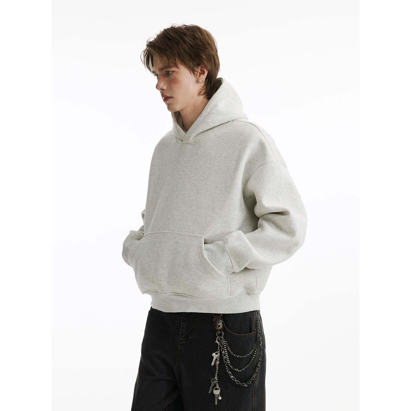 男道重磅500g美式潮牌cleanfit短款连帽卫衣男女春秋纯色套头外套