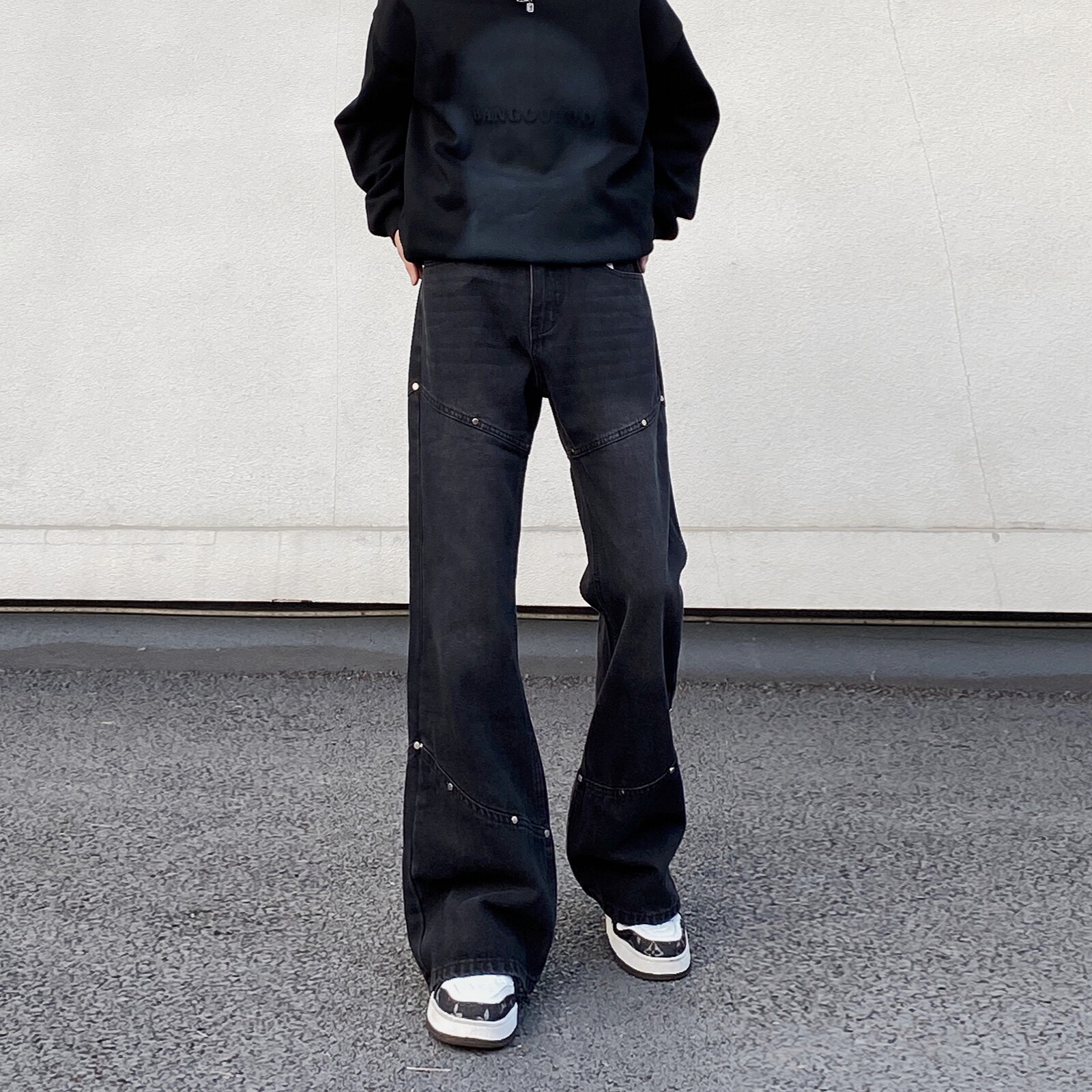 美式高街复古做旧拼接cleanfit牛仔裤男黑色直筒宽松微喇vibe裤子