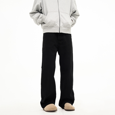 FLYOFF街头潮流直筒微喇黑色加绒牛仔裤男美式休闲cleanfit长裤子