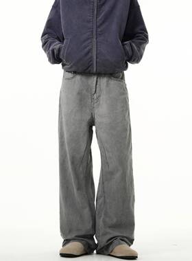 MADWITCH复古灰色直筒牛仔裤男做旧dirtyfit美式休闲微喇阔腿裤子