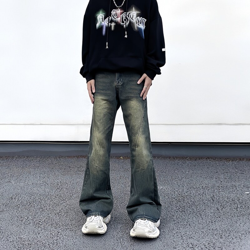 美式复古水洗做旧黄泥染设计感牛仔裤男宽松微喇显瘦vibe高街裤子