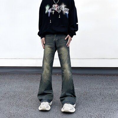 美式复古水洗做旧黄泥染设计感牛仔裤男宽松微喇显瘦vibe高街裤子