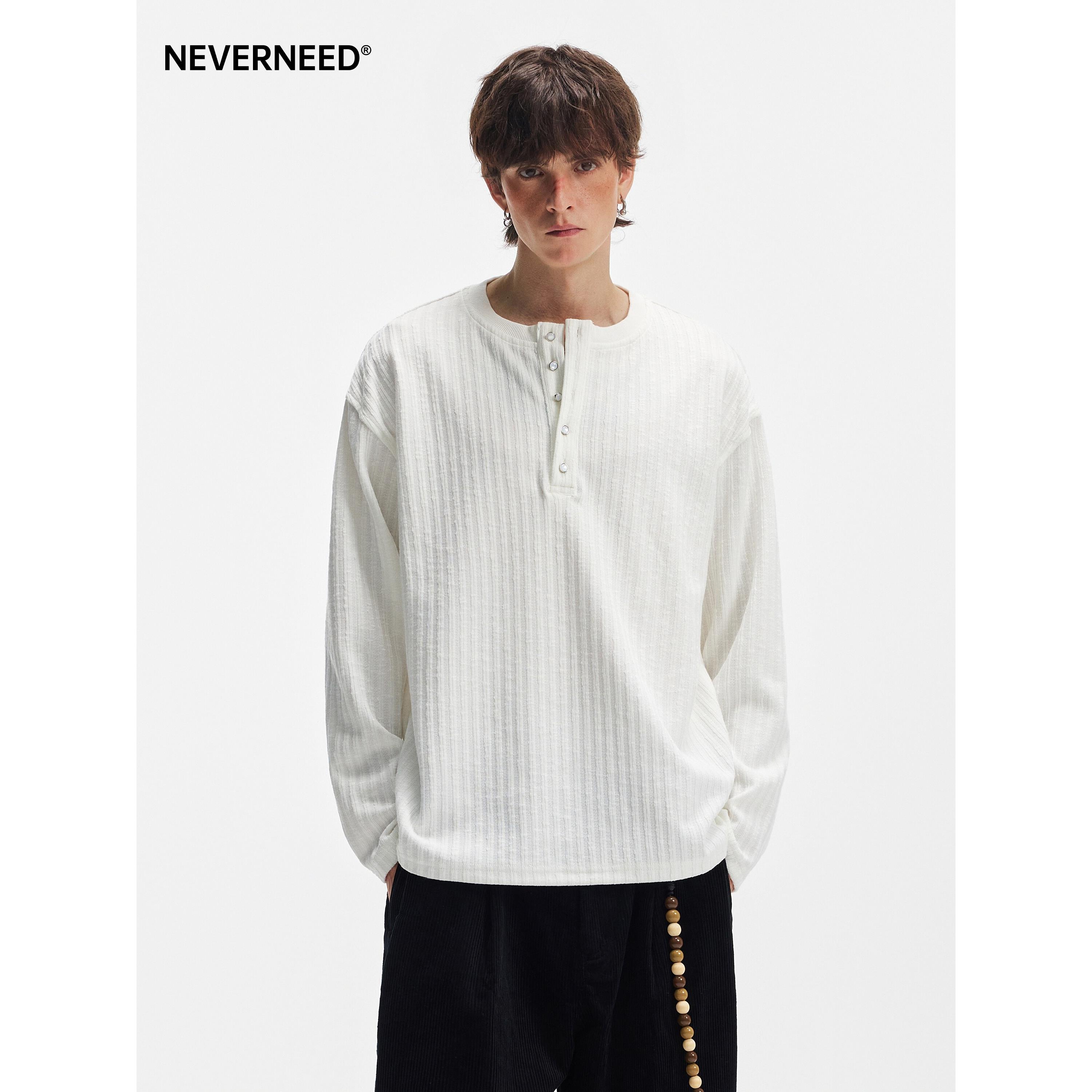 NEVERNEED肌理感条纹T恤男女秋季美式cleanfit简约情侣装长袖上衣