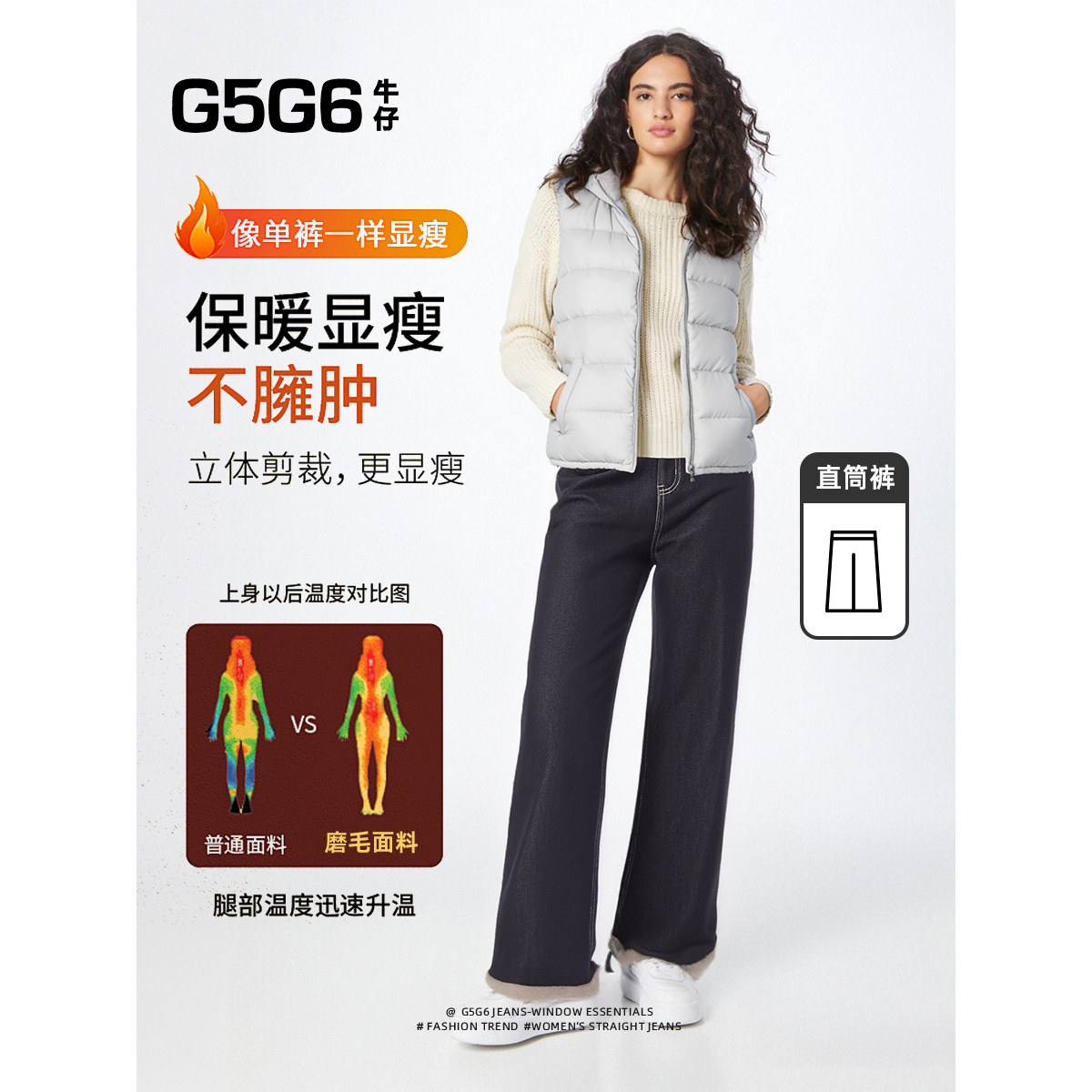 2025G5G6高腰直筒牛仔裤女冬季保暖显瘦不臃肿黑色长裤