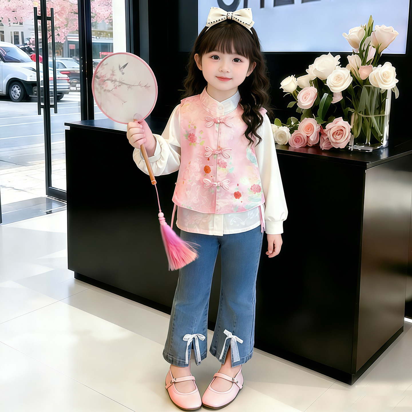 春款女童套装2026新中式大气牡丹花三件套女宝新款优雅可爱春秋装