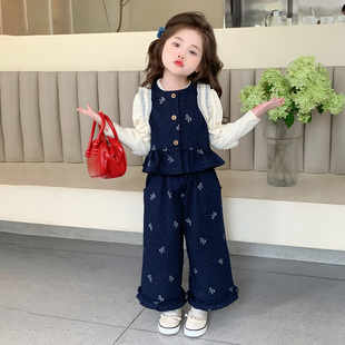 阔腿裤 蝴蝶结花边马甲打底衫 三件套 2025春秋款 女童千金风牛仔套装