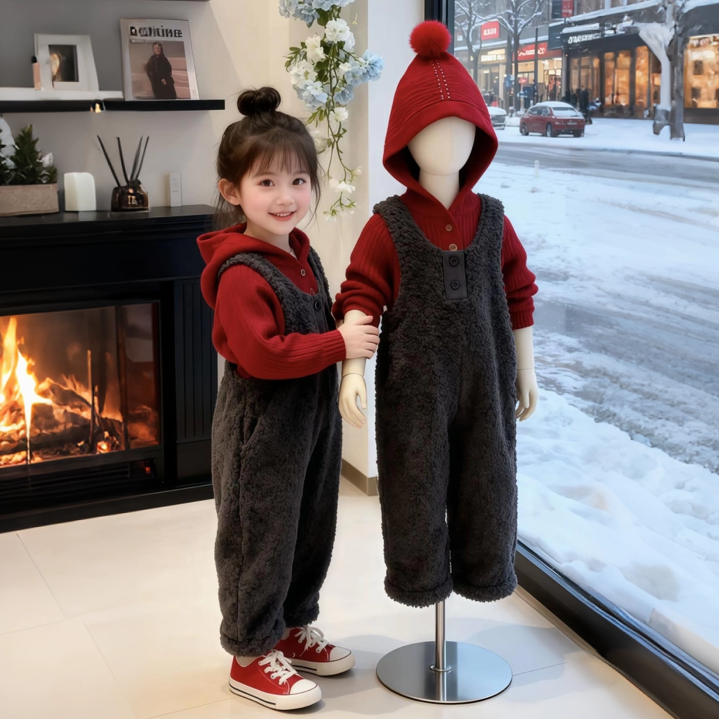 红色针织衫男女童毛绒保暖连体裤
