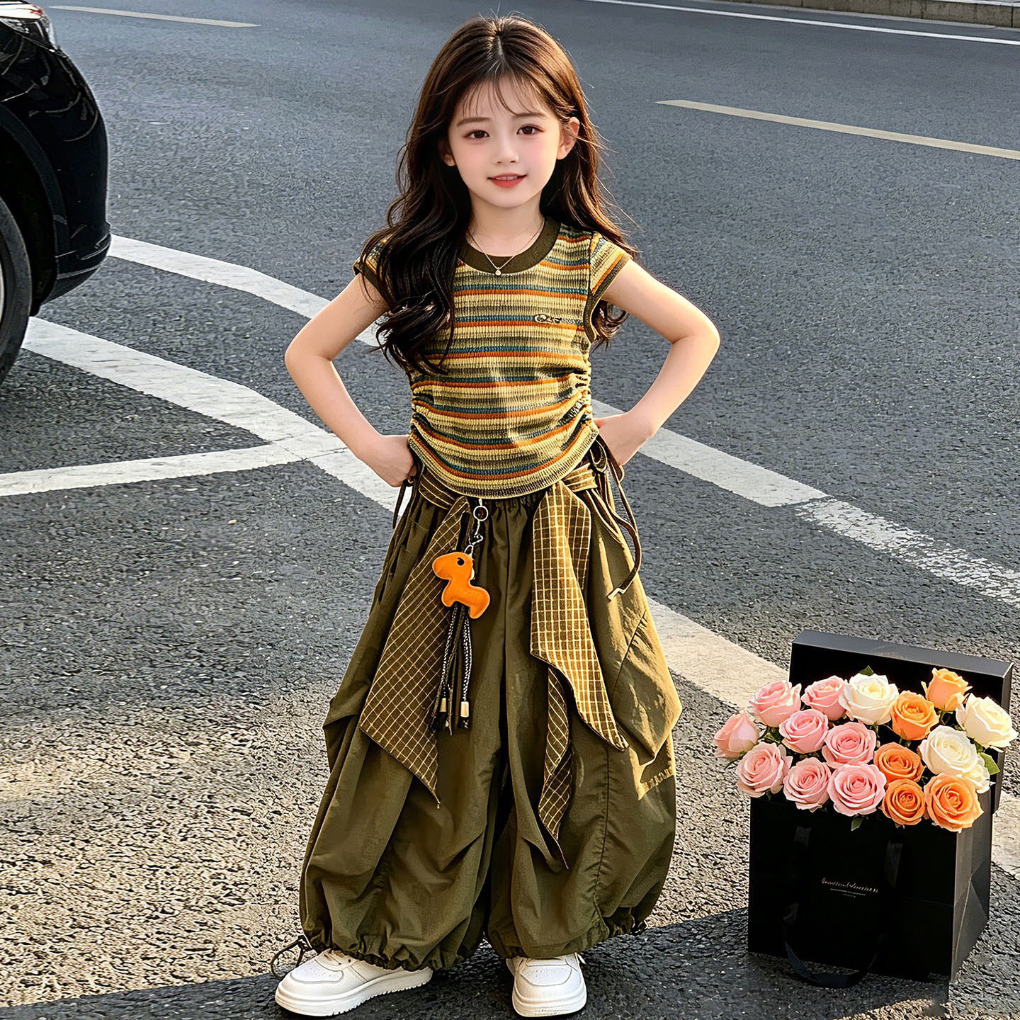 女童夏季彩条短袖上装休闲工装裤两件套女宝T恤不规则阔腿裤套装