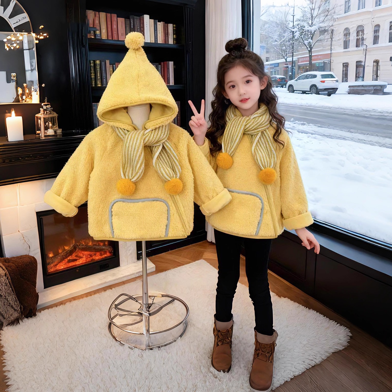 女童秋冬款毛毛衣外套连帽加厚保暖外套女孩洋气时髦加绒毛毛衣潮