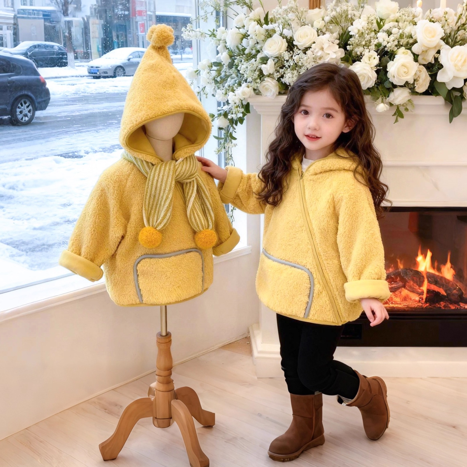 女童毛毛衣外套秋冬款洋气加绒加厚毛毛衣女孩连帽加厚保暖外套潮