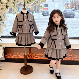 女宝宝蝴蝶结百褶裙两件套 高颜值撞色套装 女童小香风套装 秋冬新款