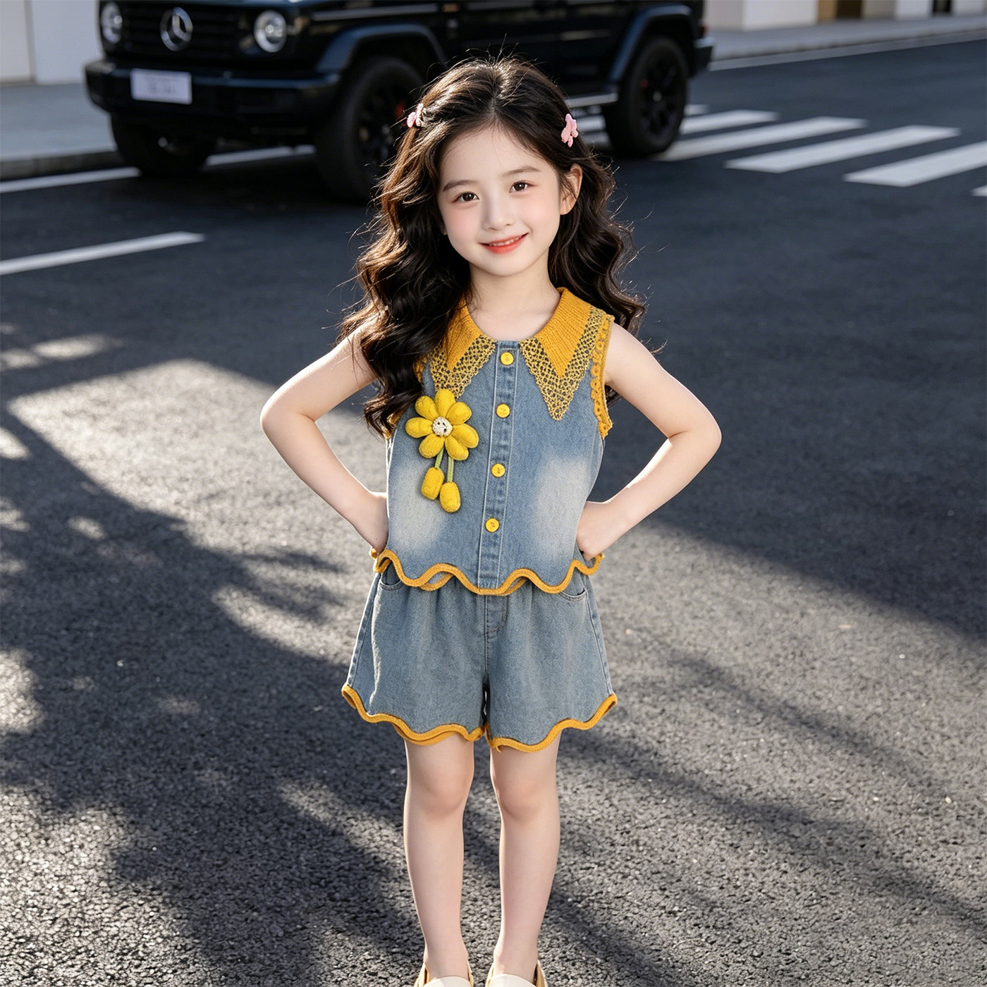 女童套装2026夏季新款花边领蝴蝶结洋气时髦甜美风背心短裤两件套