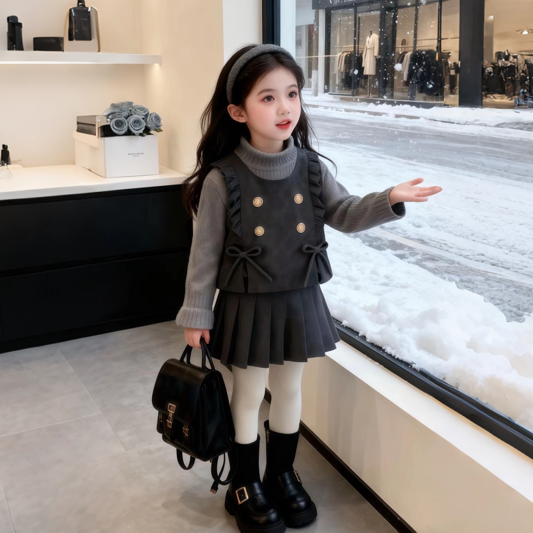 女童秋冬马甲三件套2025款女孩毛呢背心加厚百褶裙小香风甜美套装