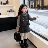 女童秋冬马甲三件套2025款 女孩毛呢背心加厚百褶裙小香风甜美套装