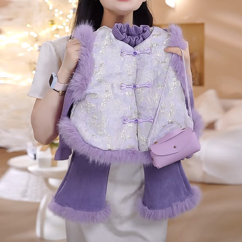 女童中国风套装冬装2025新款儿童加绒周岁礼服过年拜年汉服三件套