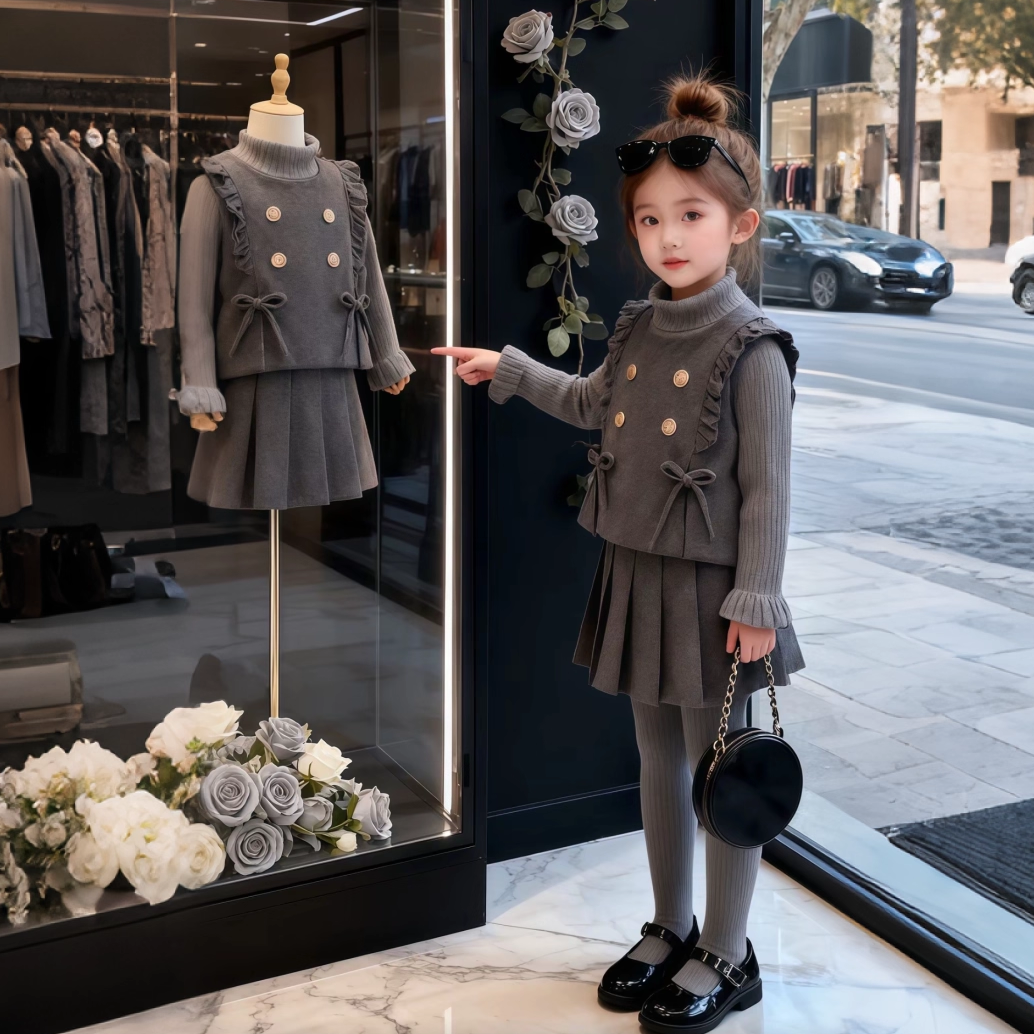 女童秋冬马甲三件套2025新款毛呢背心加厚保暖百褶裙小香风套装潮