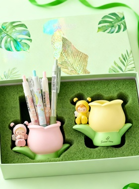 可爱小熊花朵桌面文具收纳盒