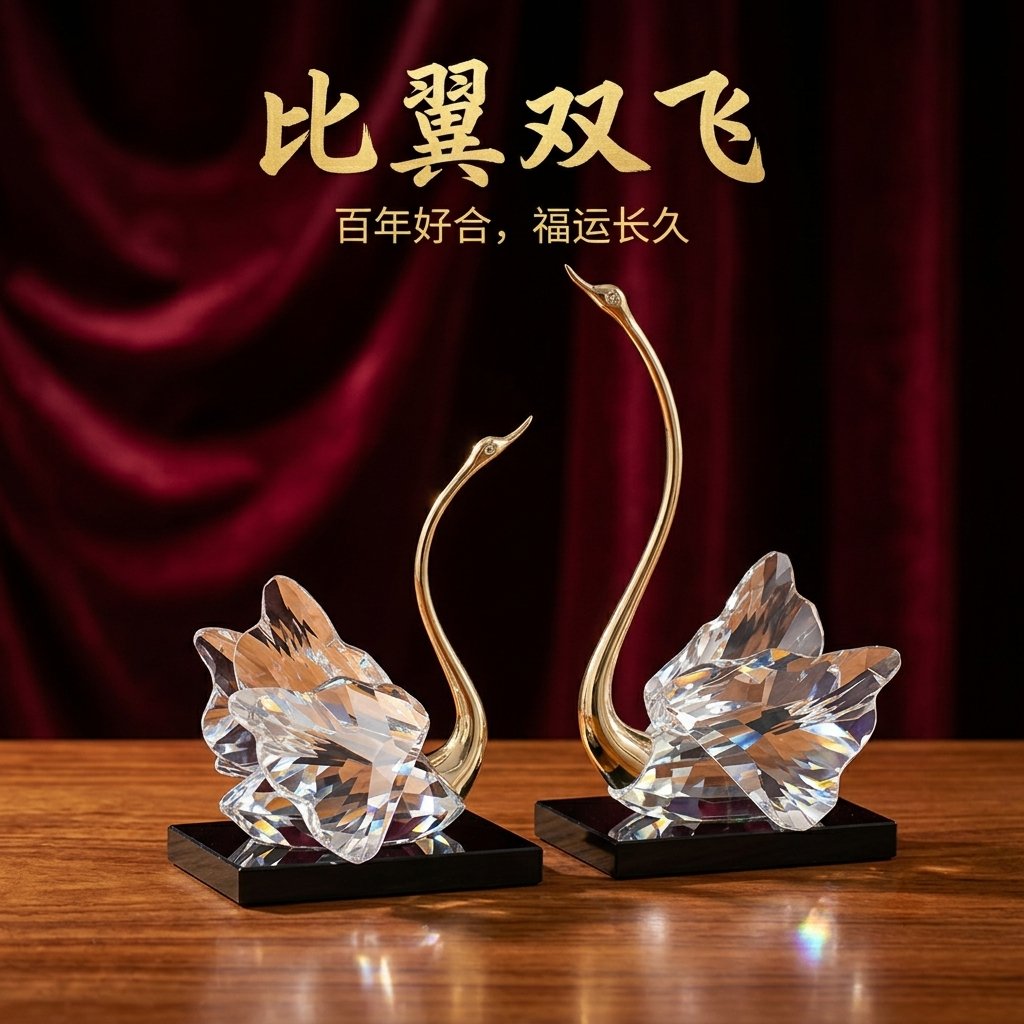 比翼双飞琥珀色曲颈天鹅摆件相对造型新婚礼赠卧室梳妆台面装饰品