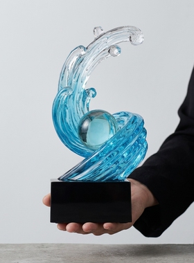 创意海浪蓝水晶玻璃桌面摆件