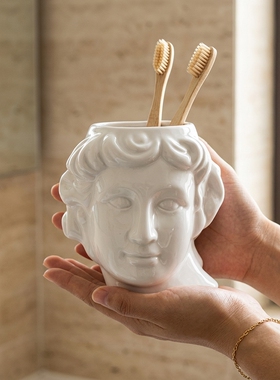 复古女神头像陶瓷牙刷杯摆件