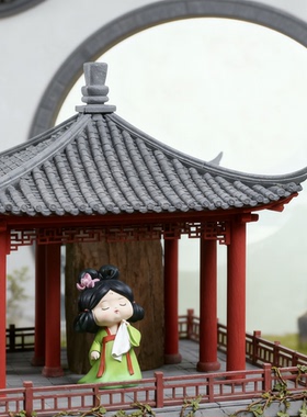新中式民国风亭台楼阁少女摆件