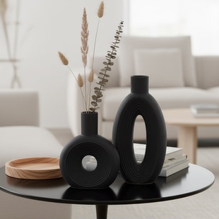 简约陶瓷花瓶黑色椭圆形家居装饰摆件客厅茶几艺术品