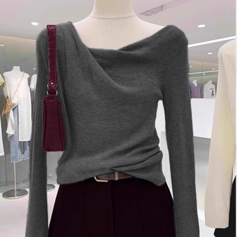 小个子不规则荡领针织衫上衣羊毛修身毛衣打底衫女秋季内搭可外穿
