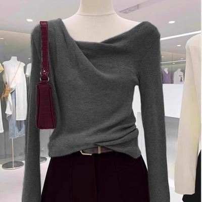 小个子不规则荡领针织衫上衣羊毛修身毛衣打底衫女秋季内搭可外穿