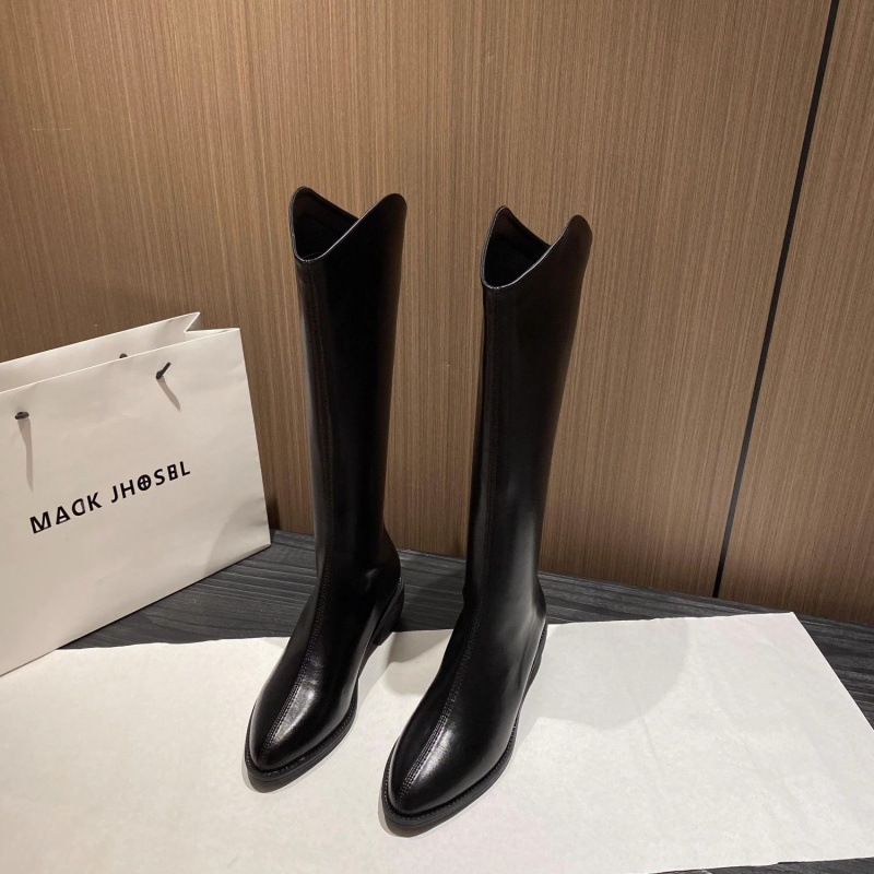 西部牛仔骑士女靴2024新款V口尖头时尚百搭高筒小个子长筒靴子