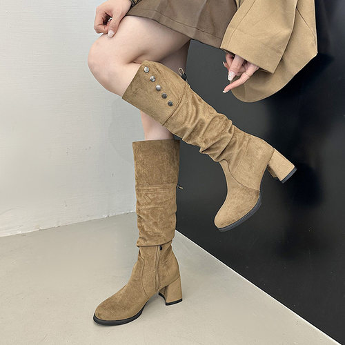 尖头内增高堆堆靴子女2025春秋新款小个子西部牛仔靴骑士靴长筒靴