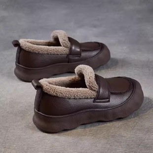 真皮乐福鞋女加绒2025冬季新款牛皮棉鞋软底休闲平底棕色毛毛皮鞋