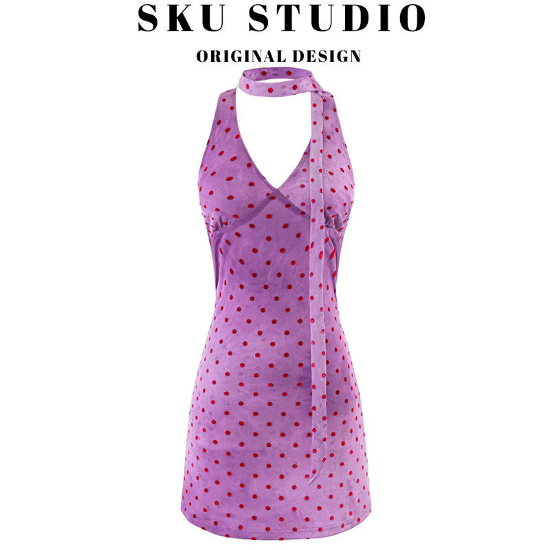 SKUSTUDIO紫色波点v领网纱连衣裙2026新款夏气质法式包裙短裙子女