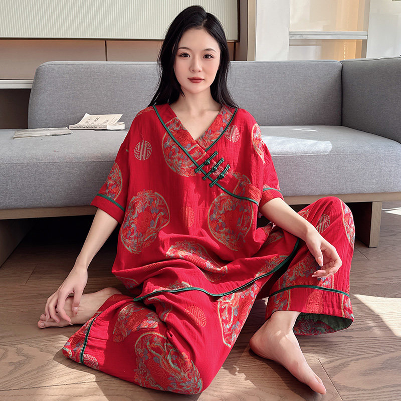 新中式国风女士纯棉大码睡衣胖mm夏季棉纱红色本命年家居服200斤,女士内衣/男士内衣/家居服,睡衣/家居服套装,淘宝优惠券,粉丝福利购,淘宝优惠卷