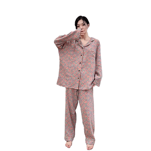 胖妹妹睡衣春秋大码200斤纯棉双层棉纱翻领家居服胖m套装可外穿