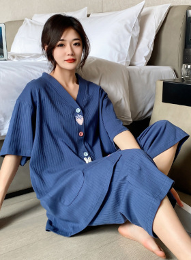 大码睡衣女200斤纯棉夏季V领开衫两件套短袖七分裤蓝色家居服胖mm