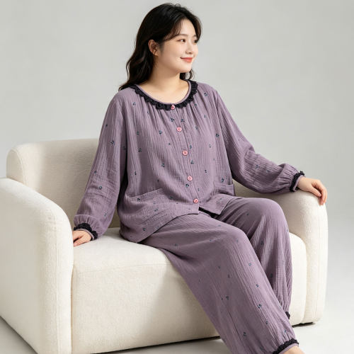 观昵双层棉纱睡衣大码女200斤秋