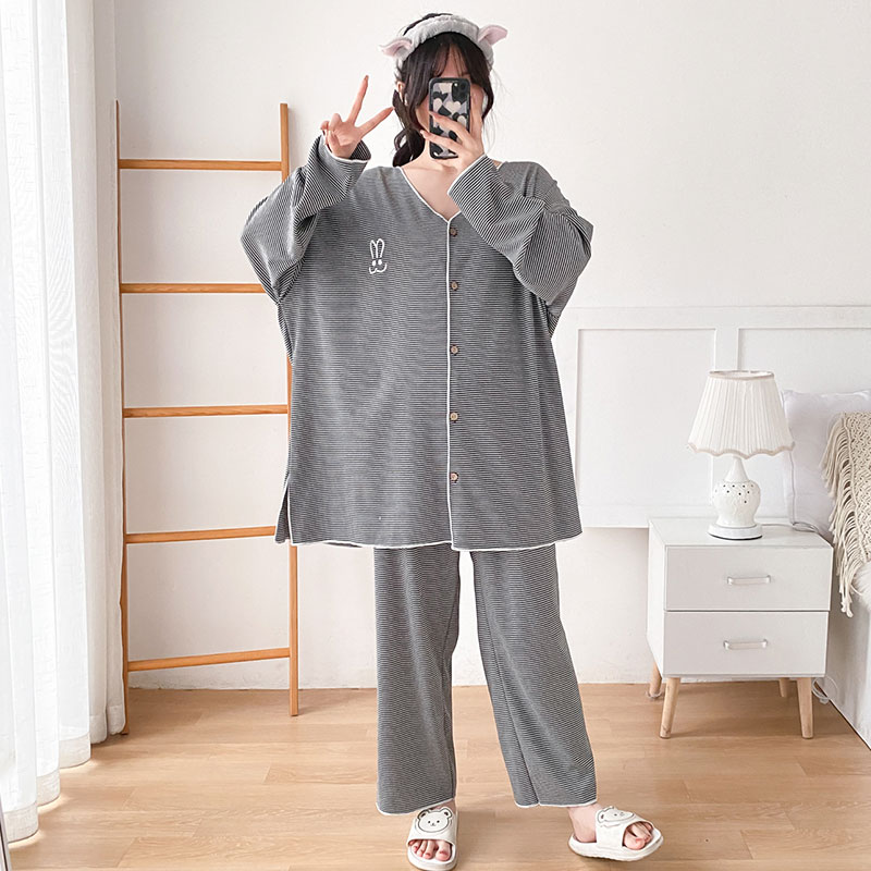 大码女装睡衣秋季女士薄款纯棉条纹家居服套装加肥加大胖mm200斤