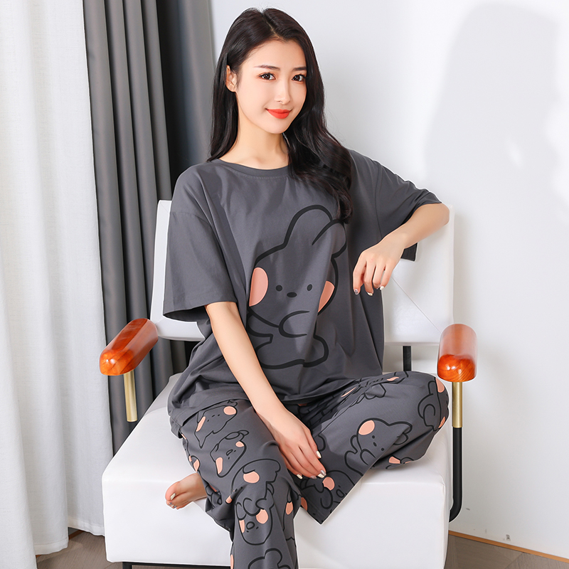 大码睡衣纯棉短袖长裤胖mm