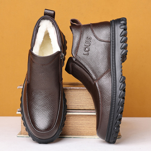 头层牛皮棉鞋男羊毛保暖休闲高帮中老年冬季加绒爸爸鞋真皮棉皮鞋