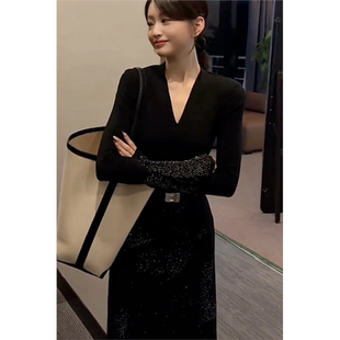 轻奢烫钻黑色法式连衣裙富家千金高级感穿搭长袖绝美套装裙女秋冬