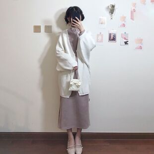 秋冬百搭旗袍开衫民国风披肩白色针织衫显瘦中长款长袖毛衣外套