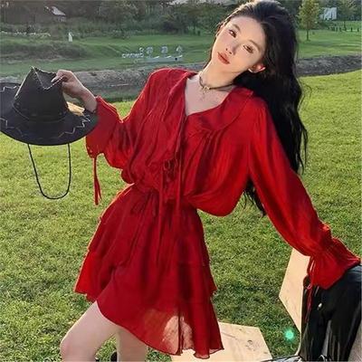 新疆大西北云南旅游穿搭海岛多巴胺沙滩海边度假红色连衣裙女套装