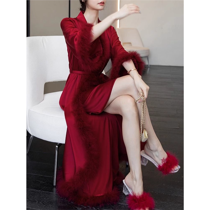 婚礼晨袍新娘高级感长款睡袍酒红毛晨袍女新娘毛结婚晨拍礼服睡裙