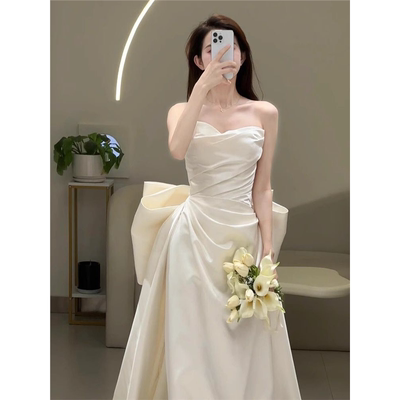 缎面主婚纱2025新款小个子订婚出门纱轻抹胸鱼尾礼服裙晨袍女新娘