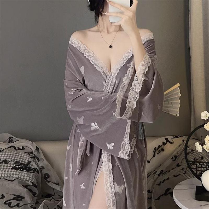 金丝绒睡衣女秋冬季长袖开衫睡袍中长款性感蕾丝纯欲风浴袍家居服