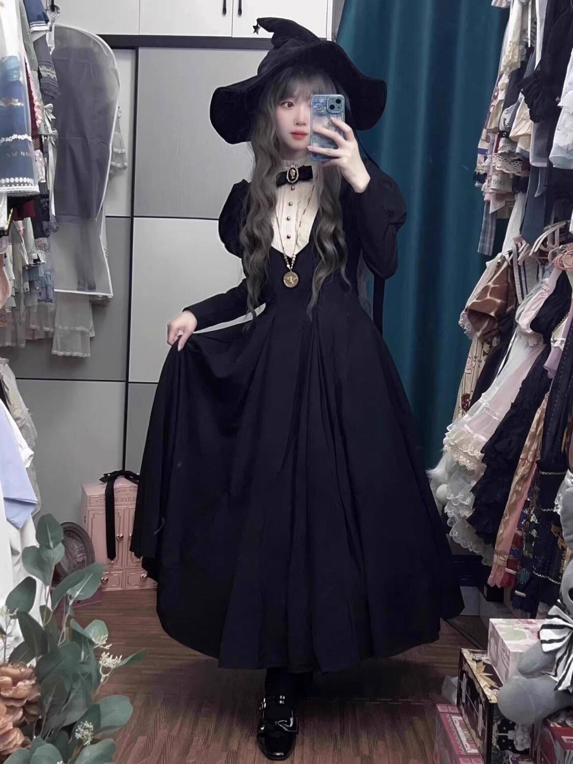 哥特暗黑风Lolita修女黑色长款收腰洛丽塔连衣裙秋冬女巫服cos服