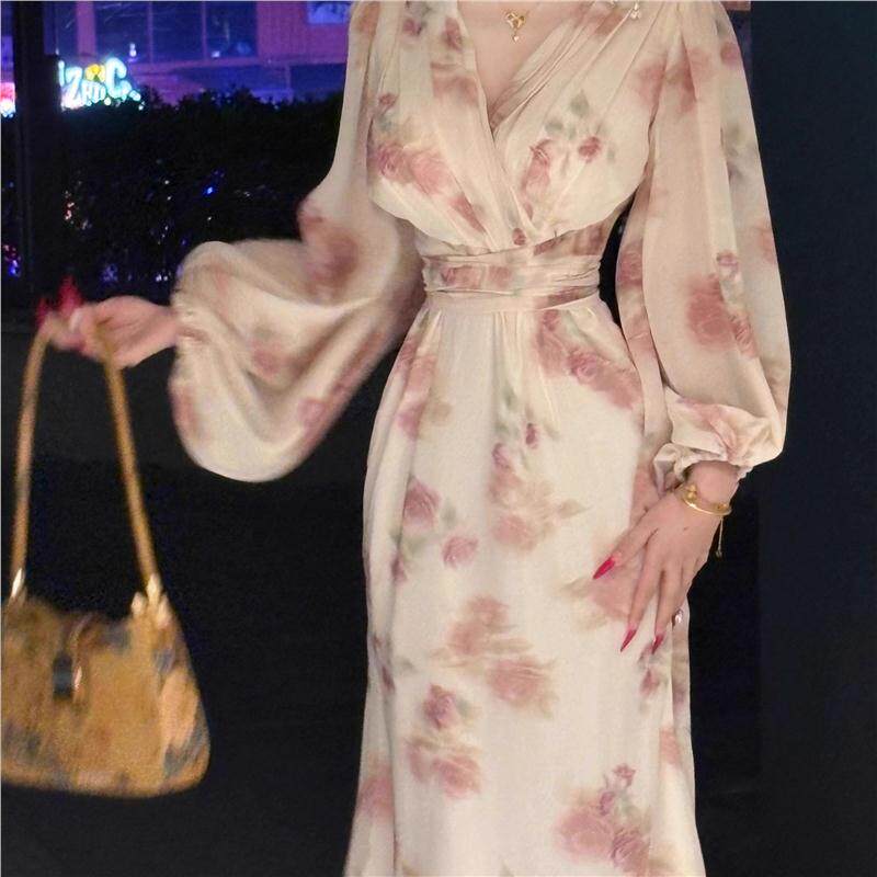 【玫瑰花神明少女】自制春款碎花裙喇叭袖连衣裙新中式改良旗袍裙