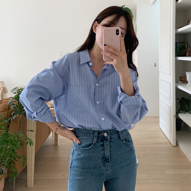 韩版宽松休闲蓝色条纹衬衫女大码显瘦长袖叠穿衬衣外搭上衣外套潮
