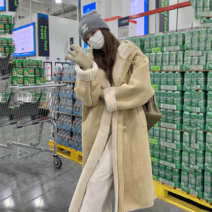 中长款宽松皮毛一体鹿皮绒棉服大衣女大码加绒加厚连帽羊羔毛外套