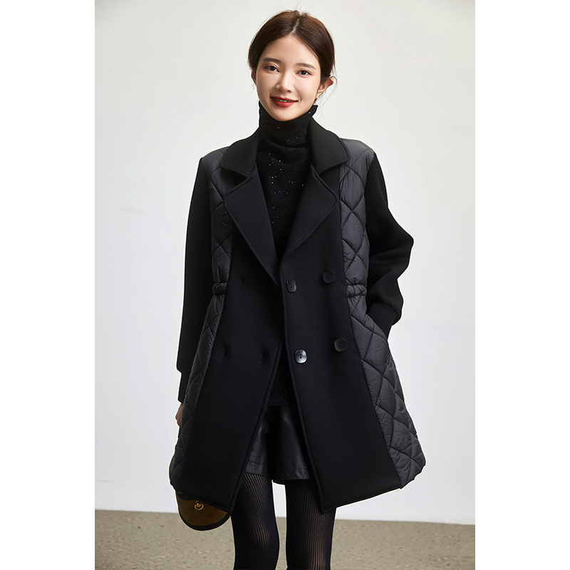 素木黑色菱格拼接棉服女2023年秋冬中长款外套欧洲站新款时尚女装